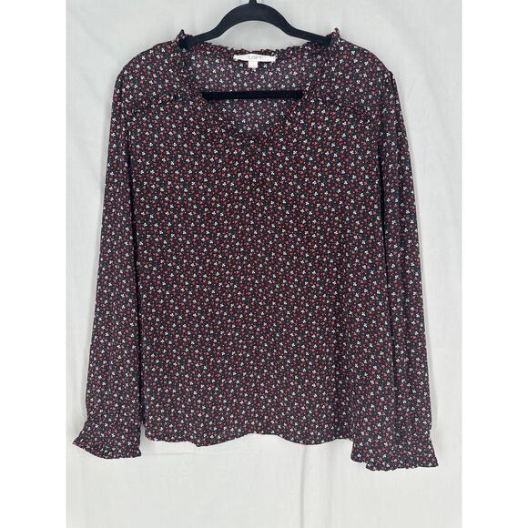 Loft Top Womens XS Black Red Floral Long Sleeve Ruffle Boho Cottagecore V Neck - Picture 1 of 7